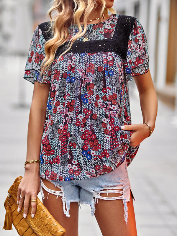 Blouses- Women's Double Layer Flounce Sleeves Blouse - Lace Collar Tunic Top- - Pekosa Women Clothing