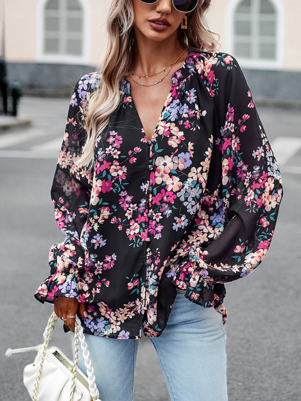 Blouses- Women's Floral Button Down Blouse - Elegant Lantern Sleeve V Neck Top- Black- Pekosa Women Clothing