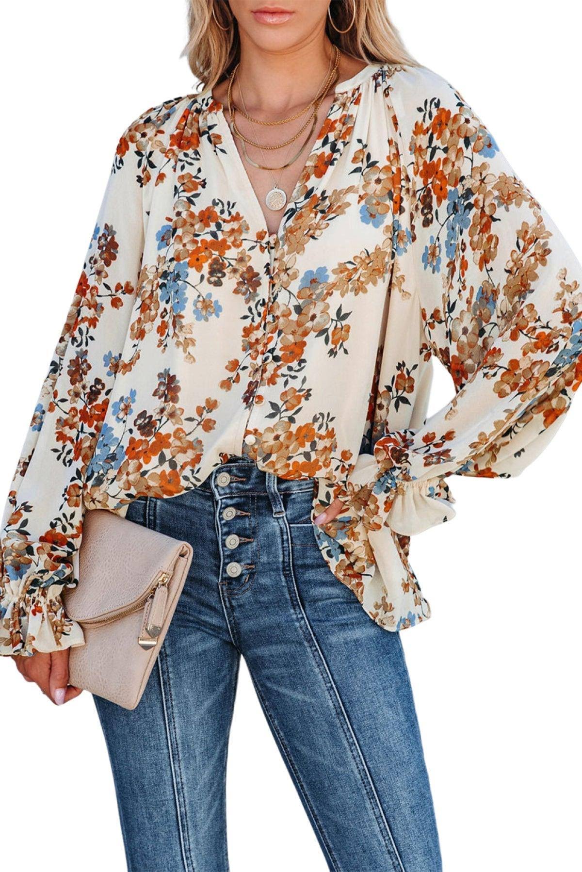 Blouses- Women's Floral Button Down Blouse - Elegant Lantern Sleeve V Neck Top- - Pekosa Women Clothing