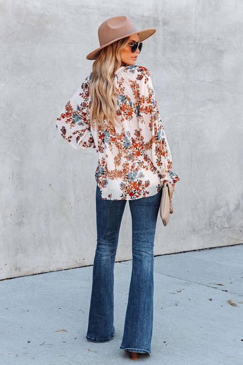 Blouses- Women's Floral Button Down Blouse - Elegant Lantern Sleeve V Neck Top- - Pekosa Women Clothing
