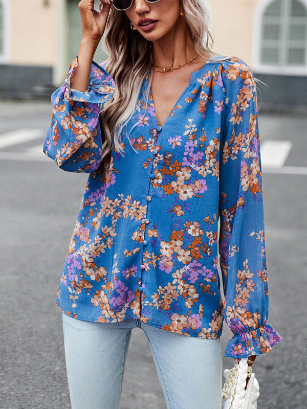 Blouses- Women's Floral Button Down Blouse - Elegant Lantern Sleeve V Neck Top- Blue- Pekosa Women Clothing