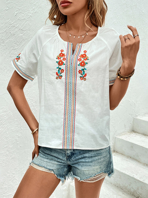 Blouses- Women's Short Sleeve Blouse with Embroidered Florals- - Pekosa Women Fashion