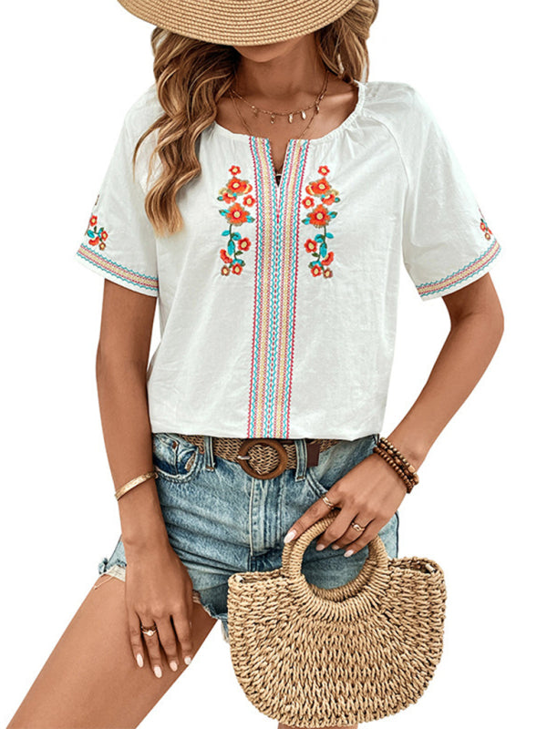 Blouses- Women's Short Sleeve Blouse with Embroidered Florals- - Pekosa Women Fashion