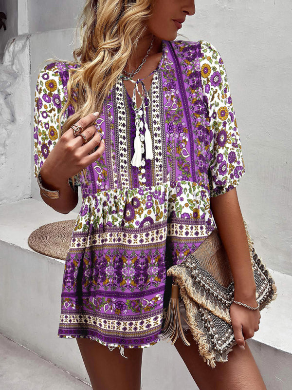 Blouses- Women's Tie V-Neck Loose Blouse in Floral Print- - Pekosa Women Fashion