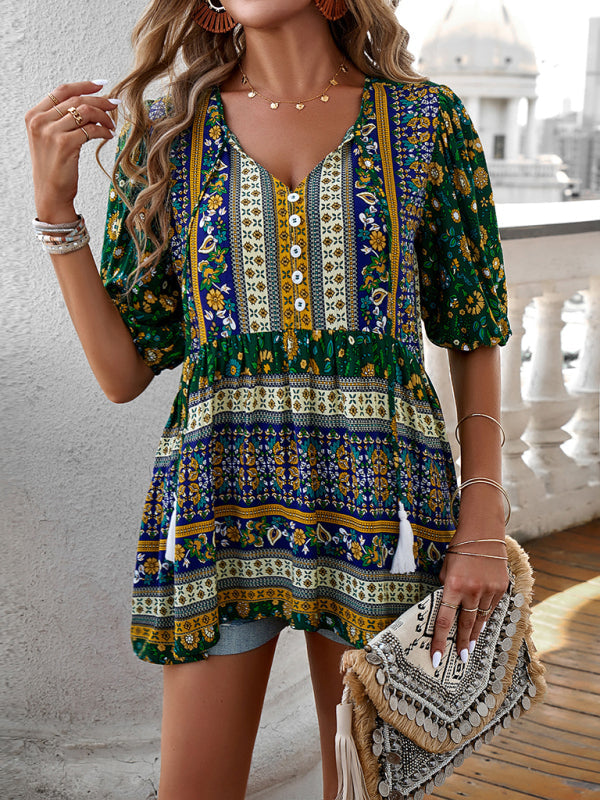 Blouses- Women's Tie V-Neck Loose Blouse in Floral Print- - Pekosa Women Fashion