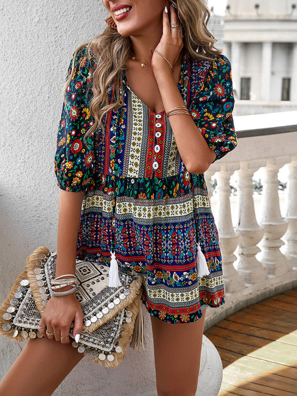 Blouses- Women's Tie V-Neck Loose Blouse in Floral Print- - Pekosa Women Fashion