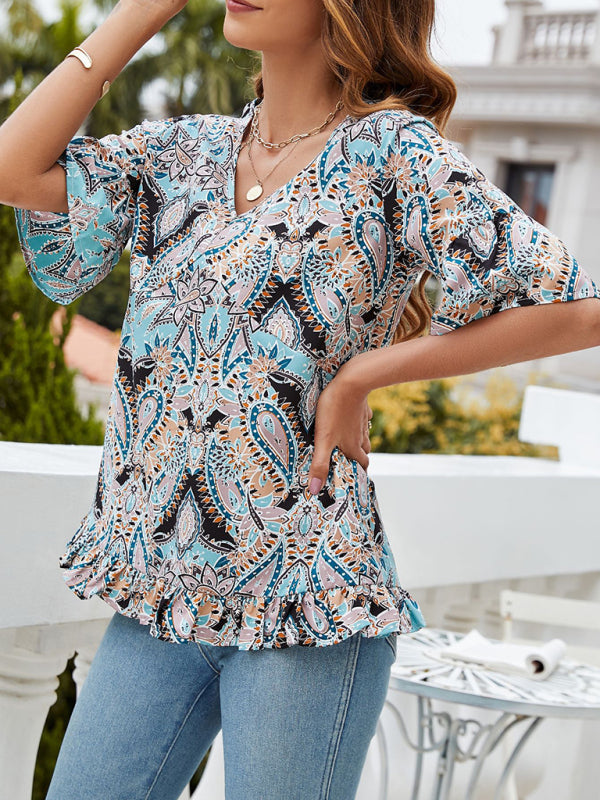 Blouses- Women's V Neck Bell Sleeve Ruffle Blouse - Add Elegance to Any Outfit- - Pekosa Women Clothing