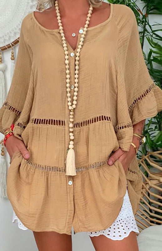 Blouses- Women's Vacation: Oversized Button-Down 3/4 Sleeves Cotton Shirt- Brown- Pekosa Women Clothing