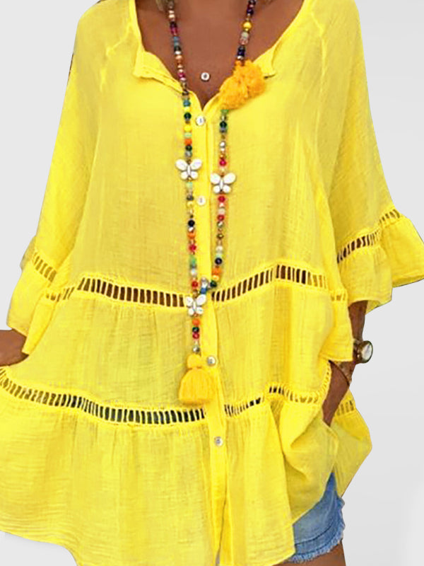 Blouses- Women's Vacation: Oversized Button-Down 3/4 Sleeves Cotton Shirt- Yellow- Pekosa Women Clothing