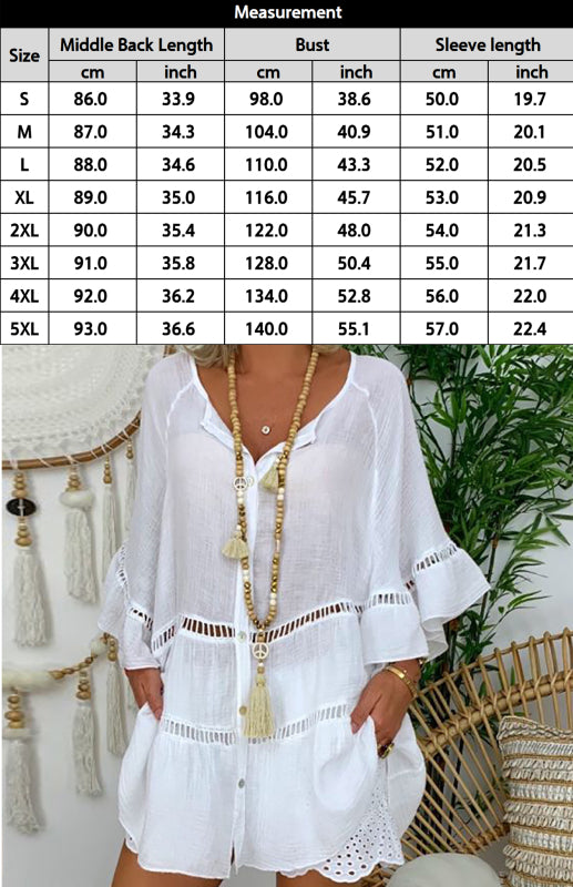 Blouses- Women's Vacation: Oversized Button-Down 3/4 Sleeves Cotton Shirt- - Pekosa Women Clothing
