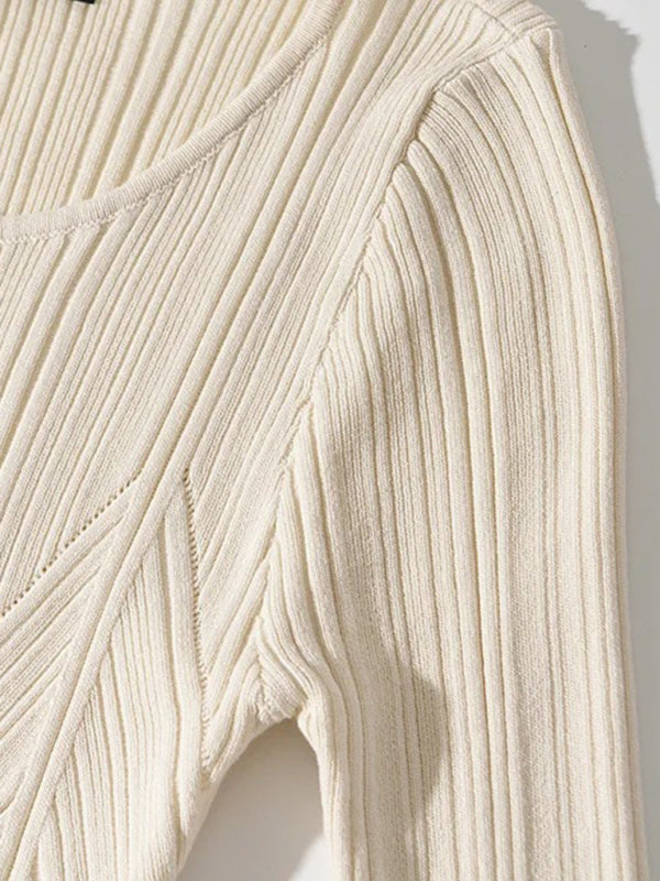 Bodycon Dresses- Body-Hugging Ribbed Midi Dress with Long Sleeves- - Pekosa Women Clothing