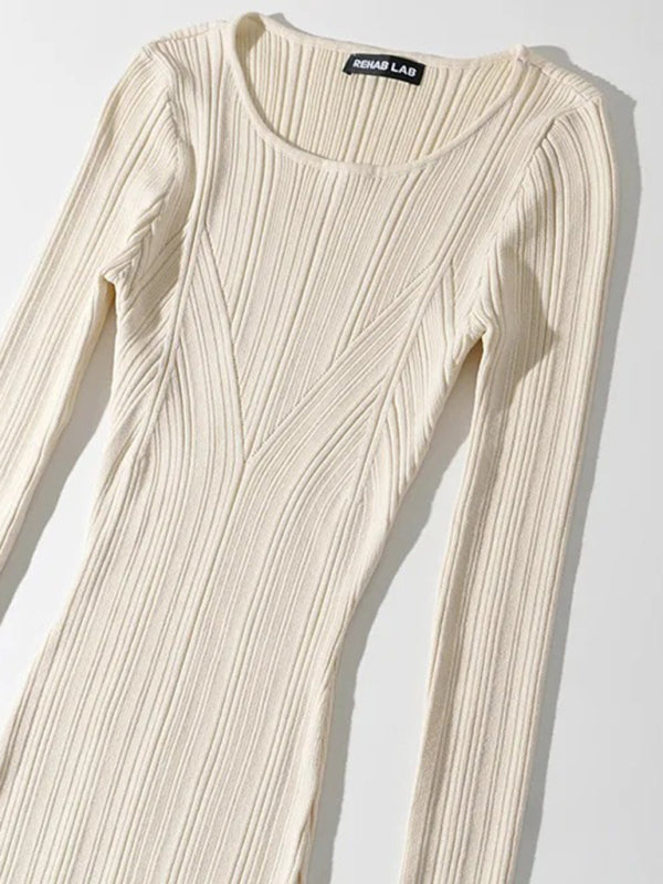 Bodycon Dresses- Body-Hugging Ribbed Midi Dress with Long Sleeves- - Pekosa Women Clothing