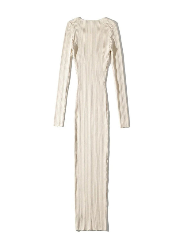Bodycon Dresses- Body-Hugging Ribbed Midi Dress with Long Sleeves- - Pekosa Women Clothing