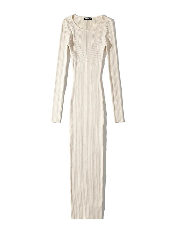 Bodycon Dresses- Body-Hugging Ribbed Midi Dress with Long Sleeves- White- Pekosa Women Clothing