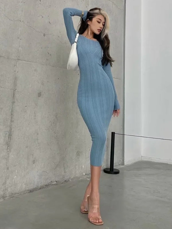 Bodycon Dresses- Body-Hugging Ribbed Midi Dress with Long Sleeves- - Pekosa Women Clothing