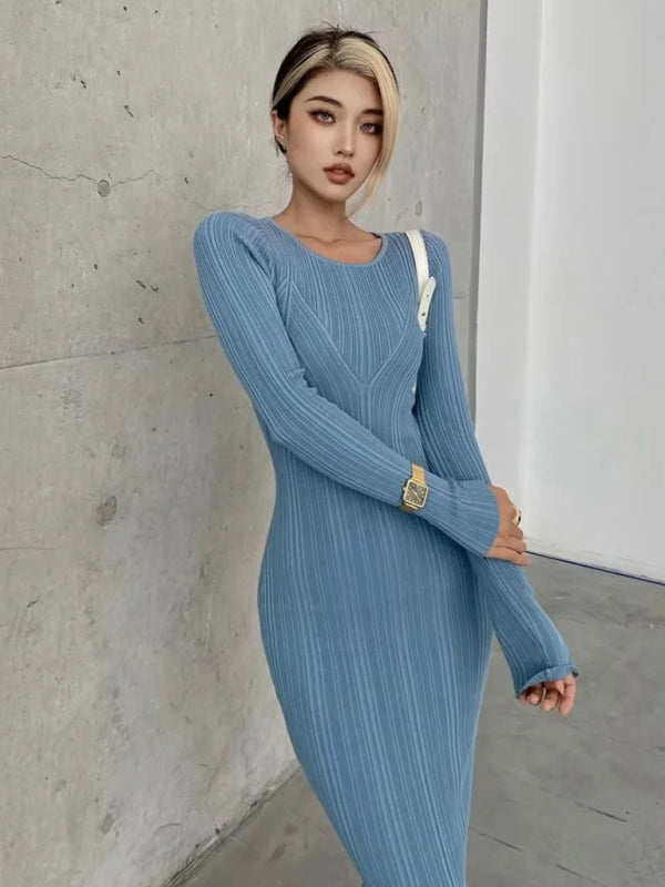 Bodycon Dresses- Body-Hugging Ribbed Midi Dress with Long Sleeves- - Pekosa Women Clothing