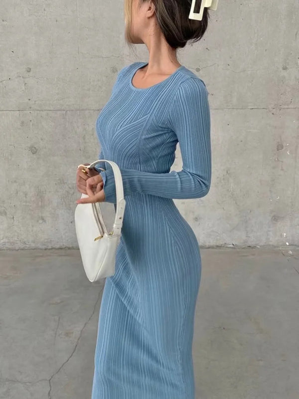 Bodycon Dresses- Body-Hugging Ribbed Midi Dress with Long Sleeves- - Pekosa Women Clothing