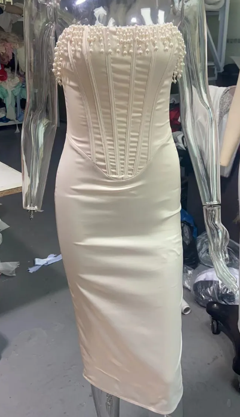 Bodycon Dresses- Strapless Tube Lace-Up Corset Pearls Bodycon - Elegant Satin Dress- - Pekosa Women Clothing