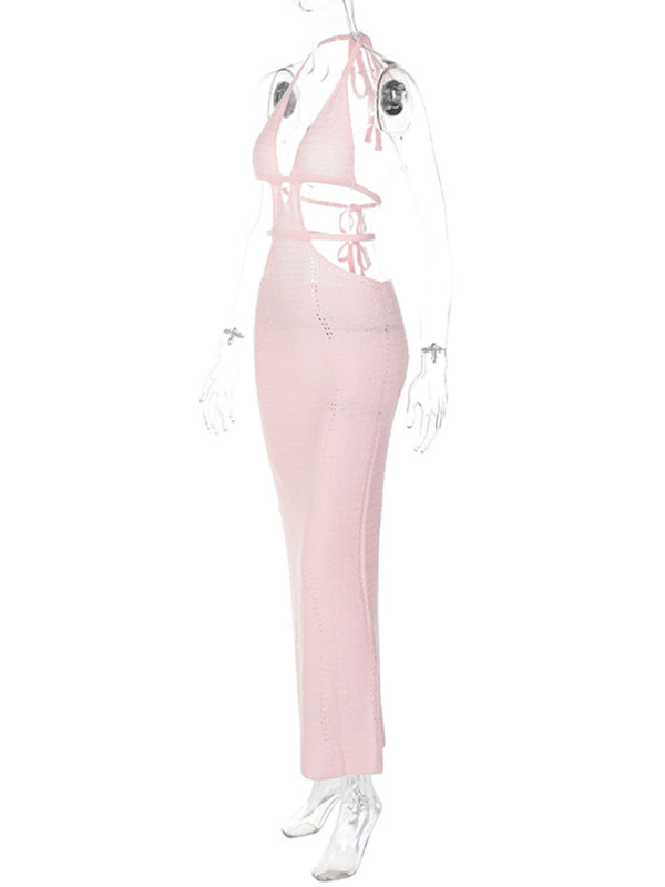 Bodycon Dresses- Summer Backless Bodycon Halter Cutout Open Knit Maxi Dress- - Pekosa Women Clothing