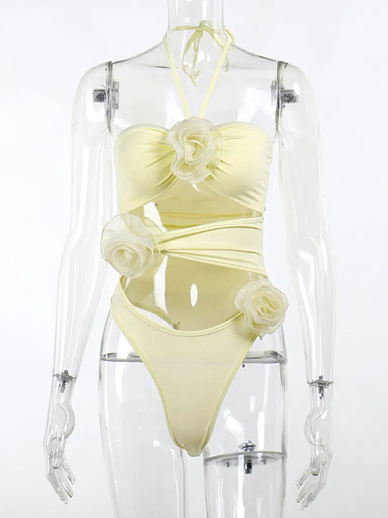 Bodysuits- Floral Applique Halter Neck Backless Bodysuit - Top with Cutouts- - Pekosa Women Clothing