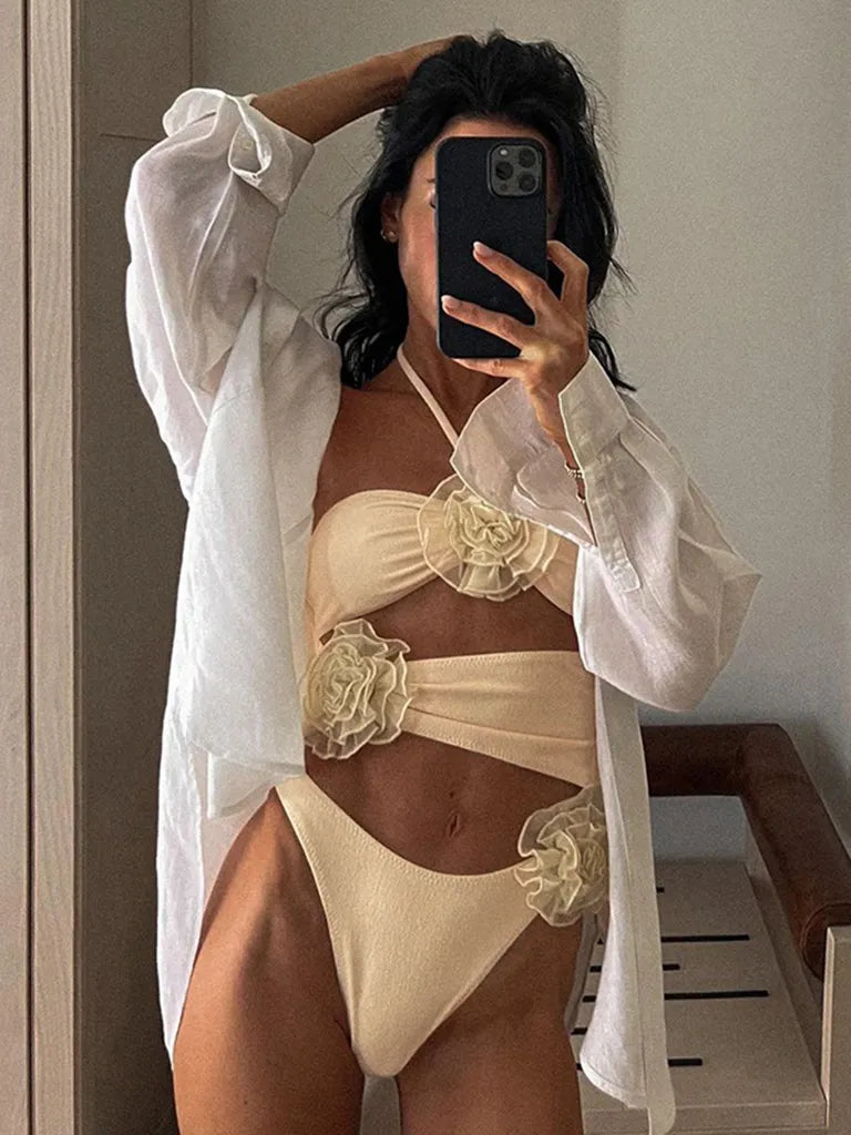 Bodysuits- Floral Applique Halter Neck Backless Bodysuit - Top with Cutouts- - Pekosa Women Clothing