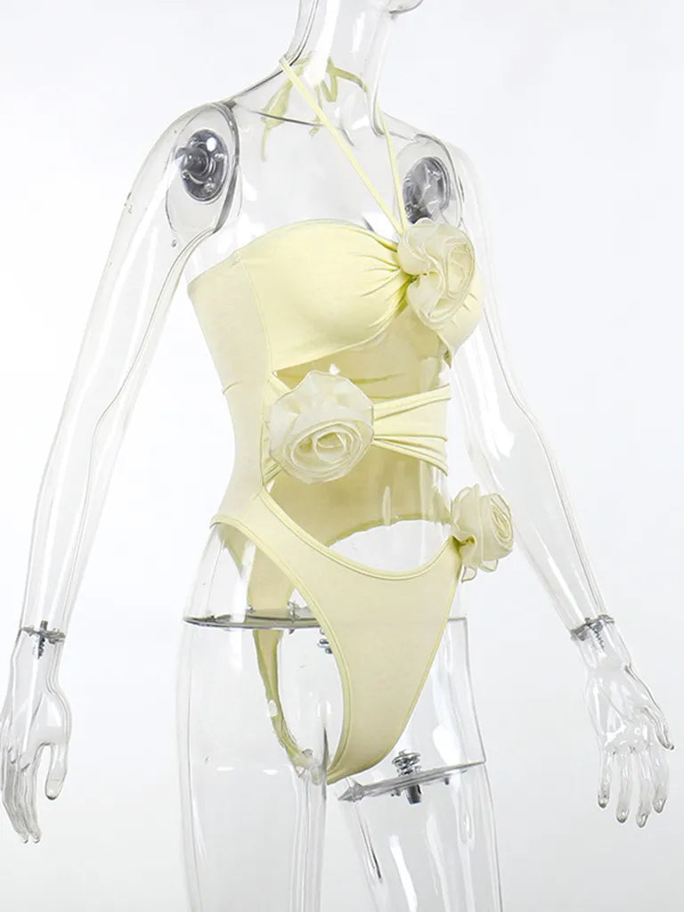 Bodysuits- Floral Applique Halter Neck Backless Bodysuit - Top with Cutouts- - Pekosa Women Clothing