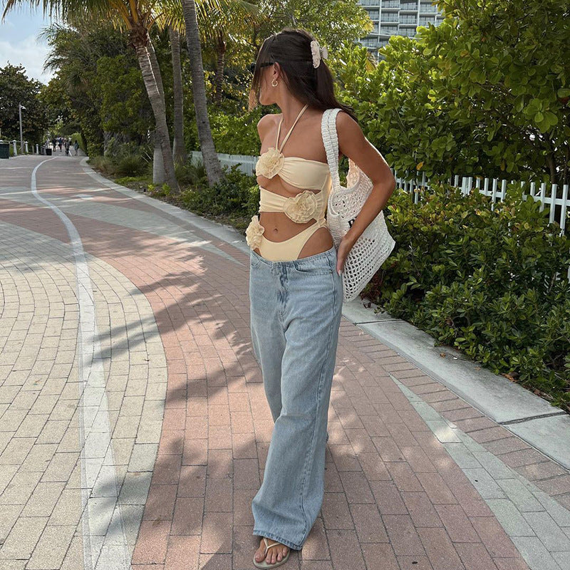 Bodysuits- Floral Applique Halter Neck Backless Bodysuit - Top with Cutouts- - Pekosa Women Clothing