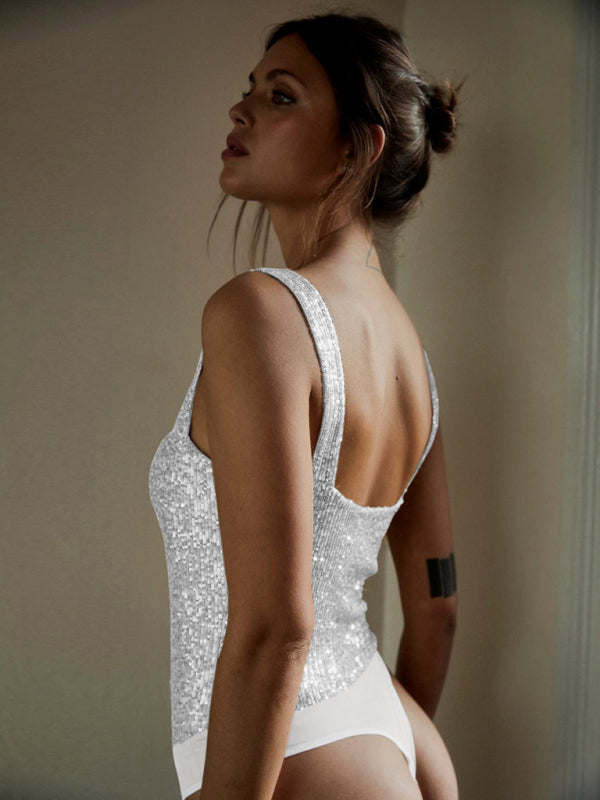 Bodysuits- Glamour Sparkly Sequin Plunge Camisole Bodysuit- - Pekosa Women Clothing