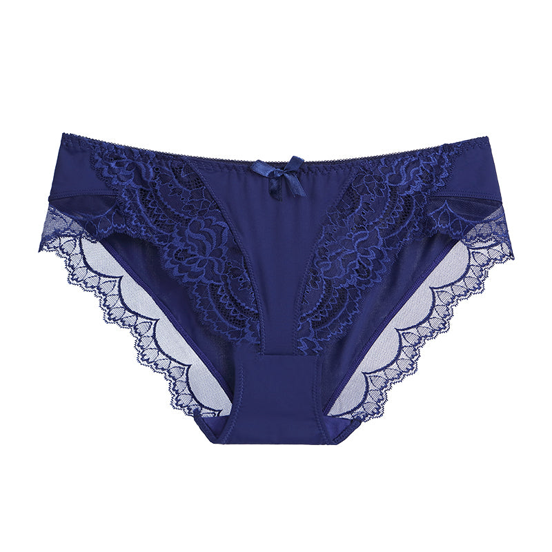 Briefs- Women's Floral Lace Low-Waist Panty Briefs- Purplish blue navy- Pekosa Women Clothing