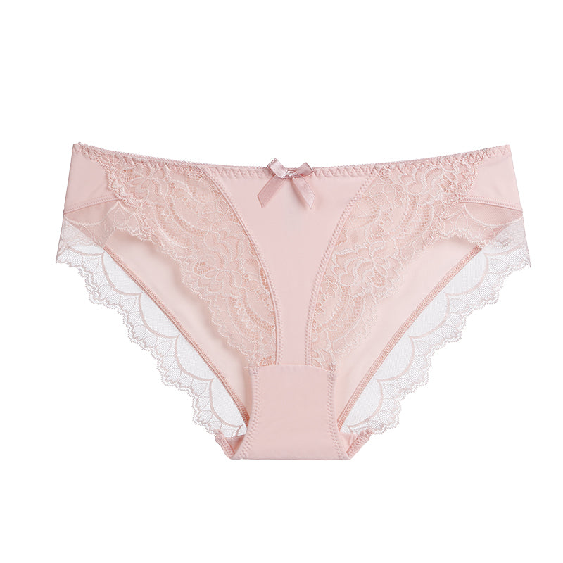 Briefs- Women's Floral Lace Low-Waist Panty Briefs- Pastel pink- Pekosa Women Clothing