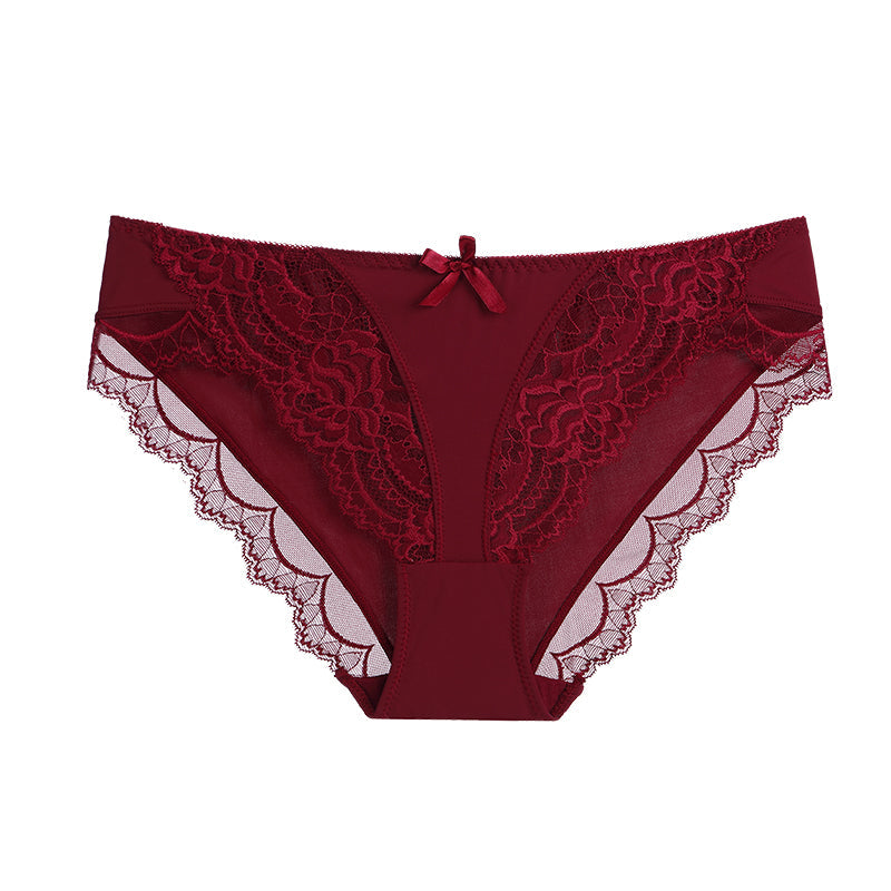 Briefs- Women's Floral Lace Low-Waist Panty Briefs- Wine Red- Pekosa Women Clothing