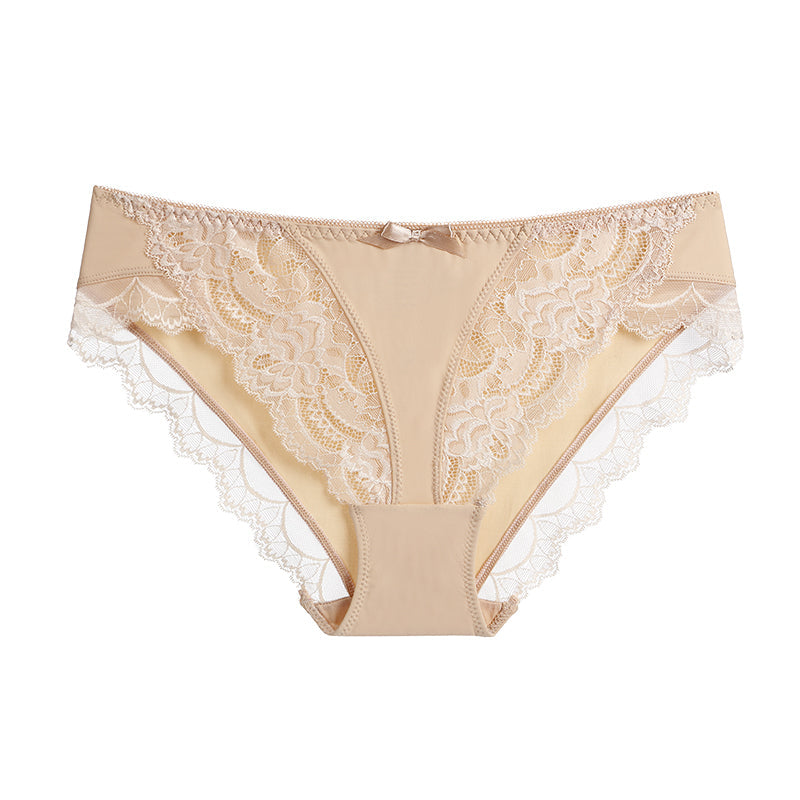 Briefs- Women's Floral Lace Low-Waist Panty Briefs- Nude- Pekosa Women Clothing