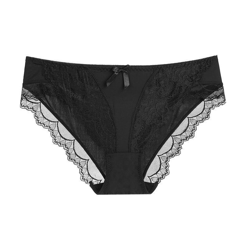 Briefs- Women's Floral Lace Low-Waist Panty Briefs- Black- Pekosa Women Clothing