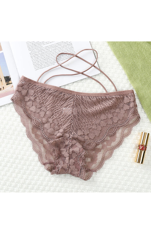 Briefs- Women's Floral Lace Low Waist Strappy Briefs - Panties- Coffee- Pekosa Women Clothing