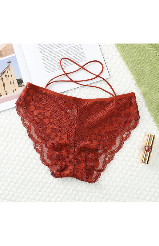 Briefs- Women's Floral Lace Low Waist Strappy Briefs - Panties- Wine Red- Pekosa Women Clothing