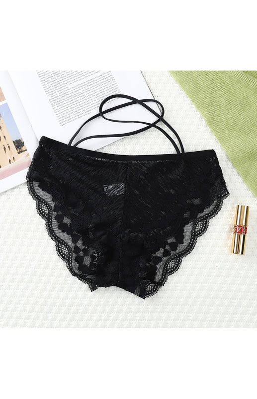 Briefs- Women's Floral Lace Low Waist Strappy Briefs - Panties- Black- Pekosa Women Clothing
