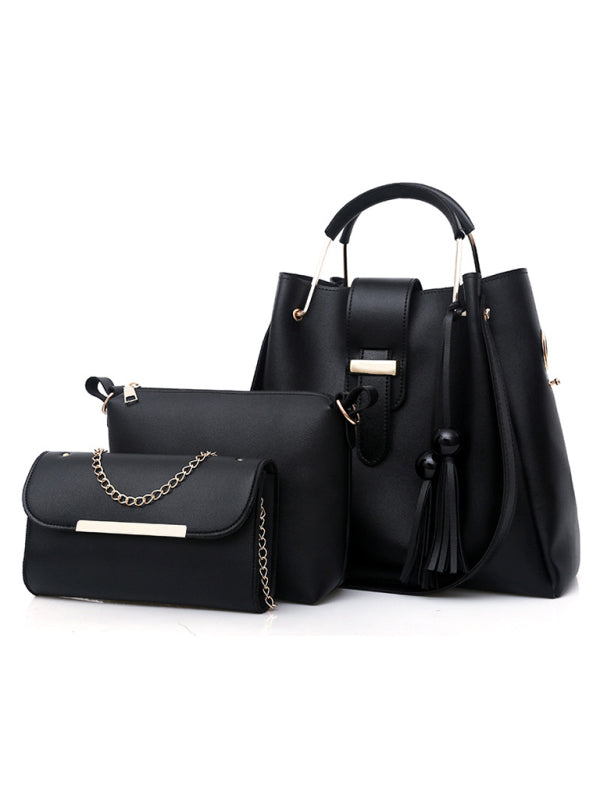 Bucket Bags- Faux Leather 3-Piece Handbags - Bucket Bag, Messenger, and Clutch- Black- Pekosa Women Clothing