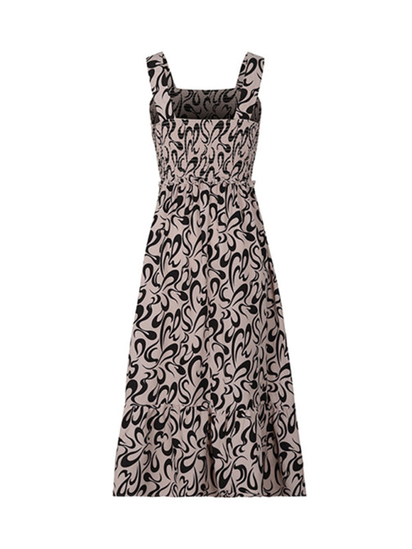Cami Dresses- A-Line Cami Midi Dress in Geo Print with Smocked Bodice- - Pekosa Women Clothing