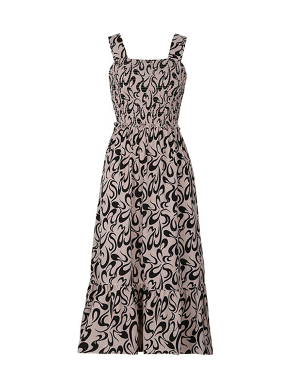Cami Dresses- A-Line Cami Midi Dress in Geo Print with Smocked Bodice- - Pekosa Women Clothing