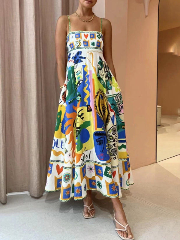 Cami Dresses- Cotton Blend Graffiti Print Long Cami Dress- - Pekosa Women Clothing