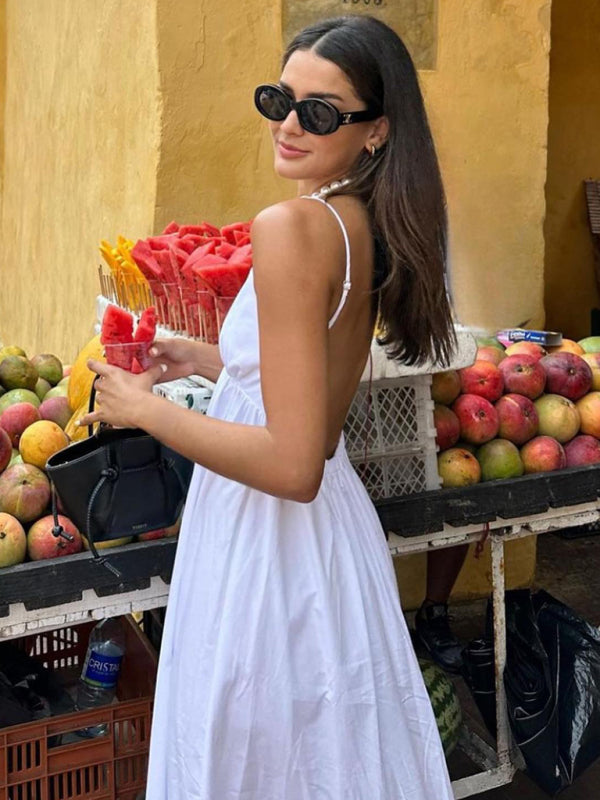 Cami Dresses- Essential Summer Cotton Cami Backless Maxi Dress- - Pekosa Women Clothing