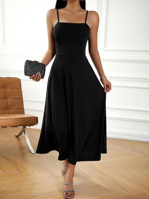 Cami Dresses- Solid Elegant A-Line Open Back Cami Long Dress- Black- Pekosa Women Clothing