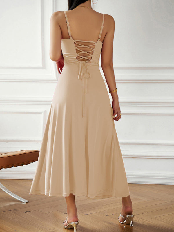 Cami Dresses- Solid Elegant A-Line Open Back Cami Long Dress- - Pekosa Women Clothing