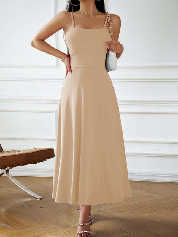 Cami Dresses- Solid Elegant A-Line Open Back Cami Long Dress- Cracker khaki- Pekosa Women Clothing