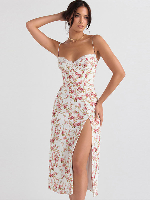 Cami Midi Dresses- Floral Split Thigh Bodycon Bustier Cami Midi Dress- - Pekosa Women Clothing