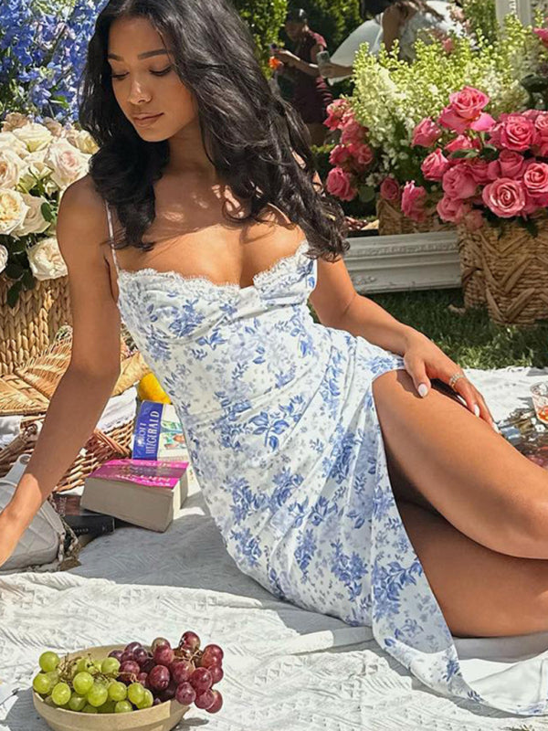 Cami Midi Dresses- Floral Split Thigh Bodycon Bustier Cami Midi Dress- - Pekosa Women Clothing