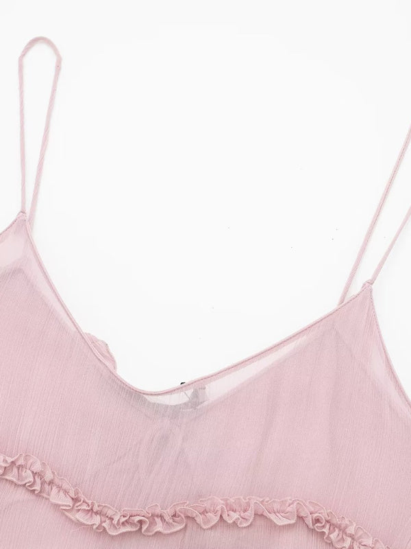 Cami Top- Sheer Layered Cami Top - Ruffle Accents, Tie Front Blouse- - Pekosa Women Clothing