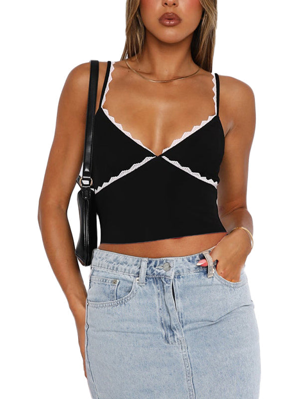 Cami Tops- Solid Contrast Lace-Trimmed Cami Crop Top- Black- Pekosa Women Clothing
