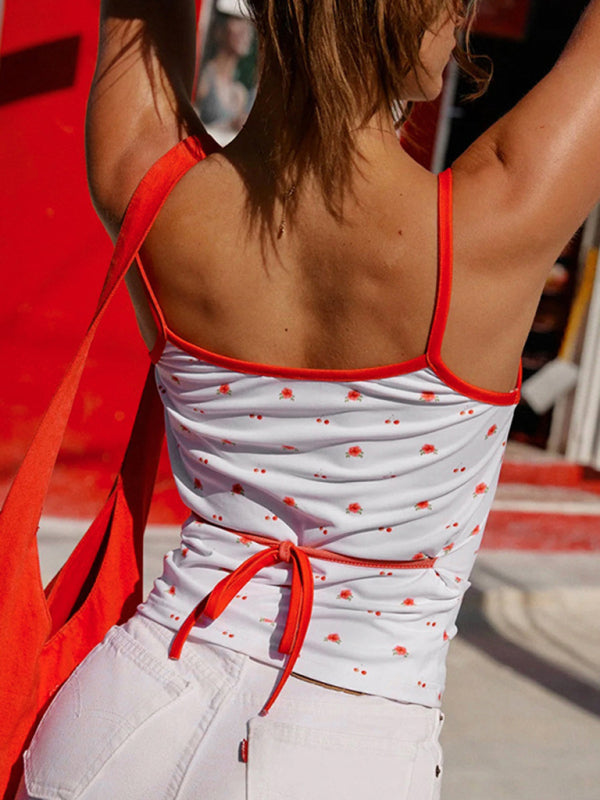 Camis- Cherry Printed Cami Tie-Back Summer Top- - Pekosa Women Clothing