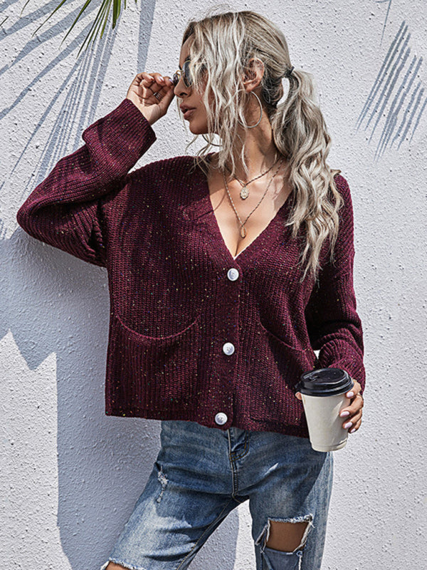 Cardigans- Autumn Sparkly Knit Cardigan Sweater- Wine Red- Pekosa Women Clothing